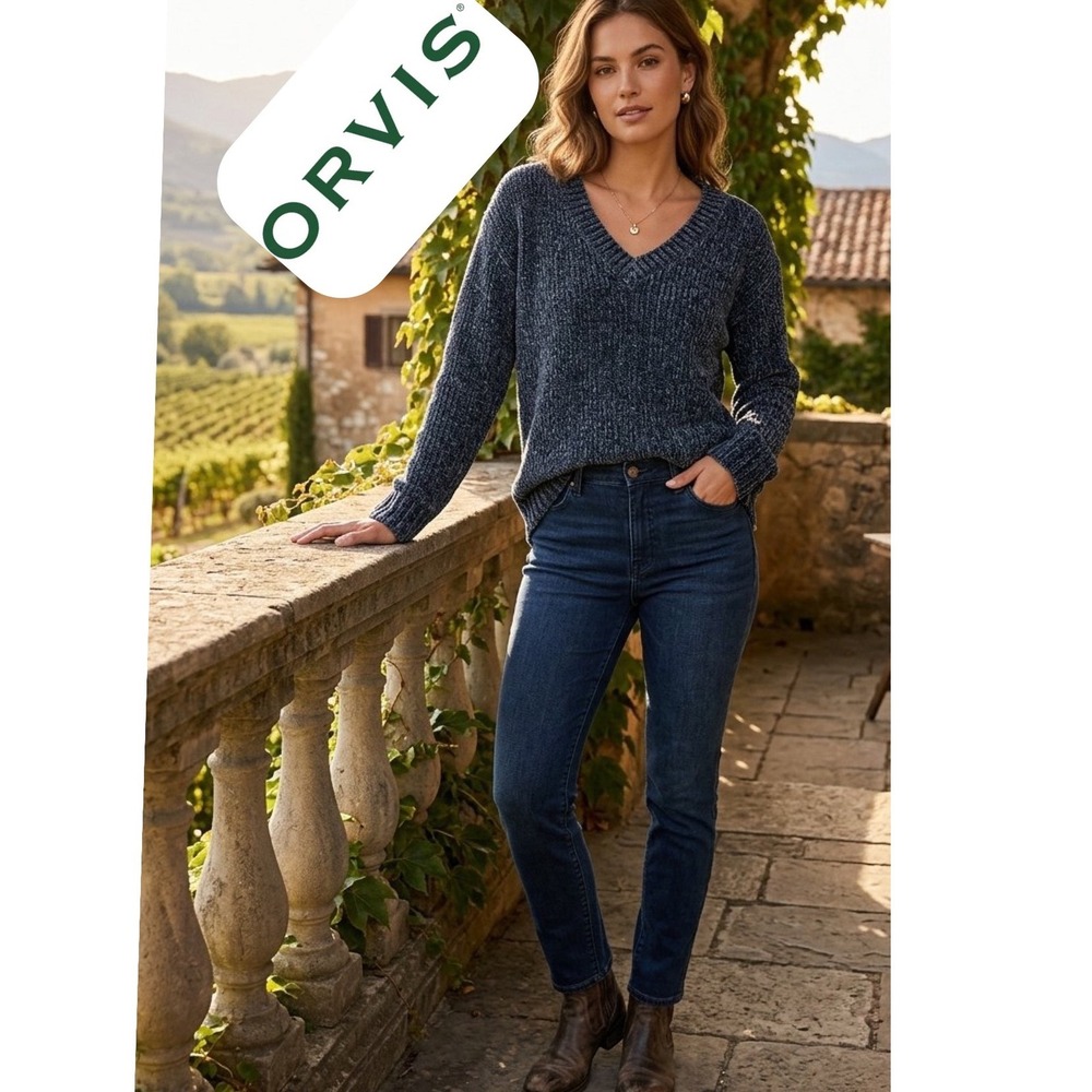 Orvis Womens Navy Blue Chenille V-Neck Sweater Ribbed Knit Pullover Relaxed Fit
